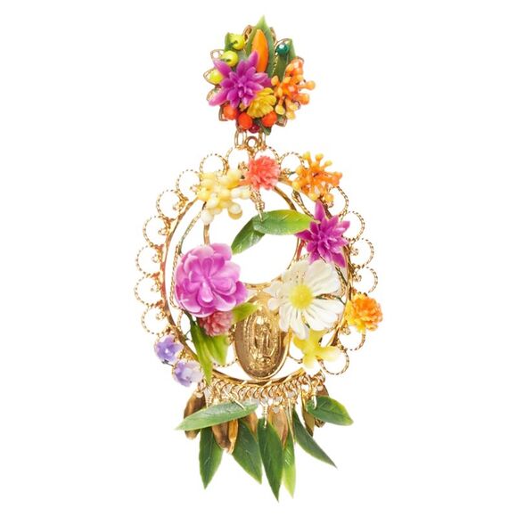 Mercedes Salazar Plastic Flower Gold Rosary Clip On Earrings - Picture 3 of 6